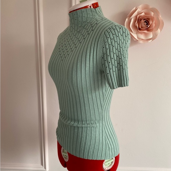 VENUS Short Sleeved Sweater, Ribbed Mock-Neck, Stretch, Eyelets, Muted Green, XS - Picture 4 of 8